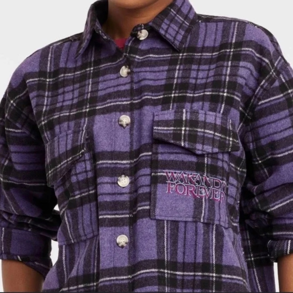 NWOT Marvel Wakanda Forever Plaid Graphic Shacket Purple Black size XS 
NWOT